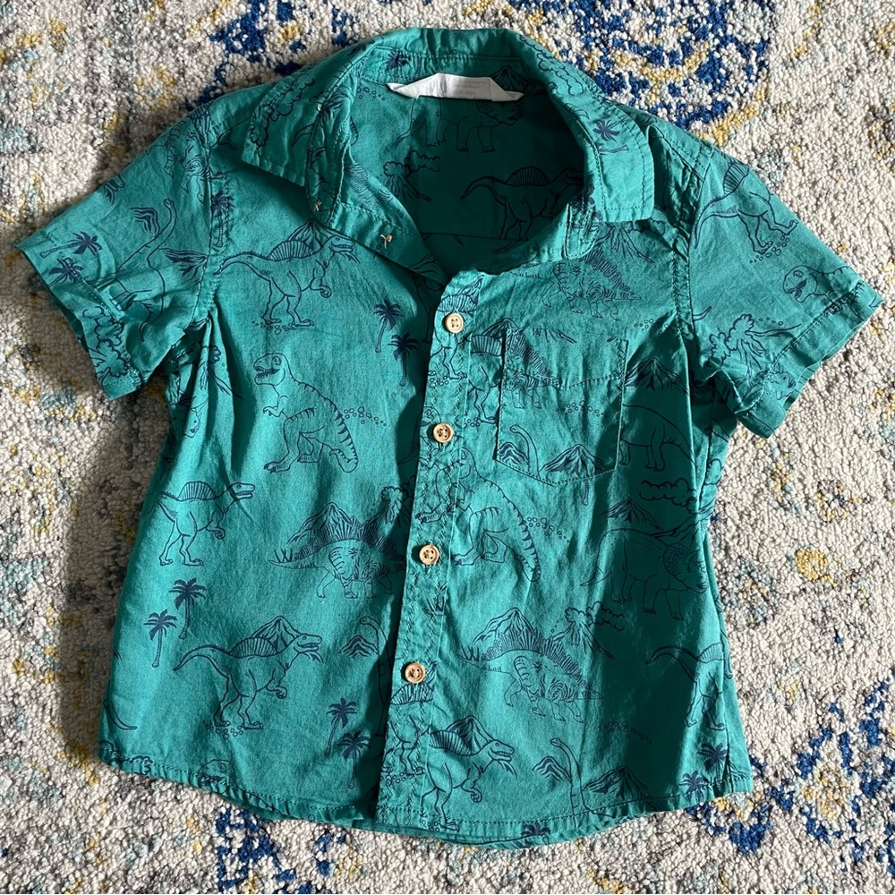 H&M boys teal dinosaur short sleeve cotton button down